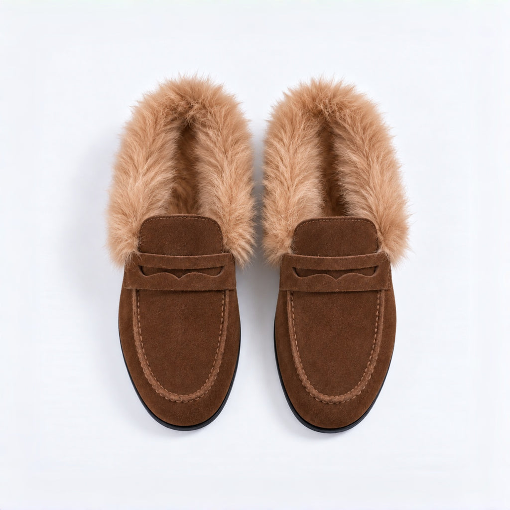 The Dual Stride Women's Brown Suede Faux Fur Loafer Mules – Runs One Size Small