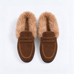 The Dual Stride Women's Brown Suede Faux Fur Loafer Mules – Runs One Size Small