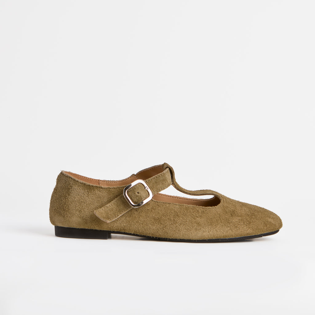 The Dual Stride Khaki Vintage Suede T-Strap Mary Jane Shoes