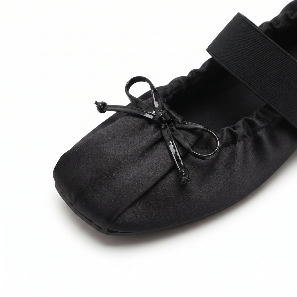 The Dual Stride Black Lace-up Satin Mary-Jane Ballet Flats