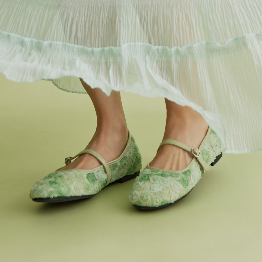 The Dual Stride Green Floral Lace Mary Janes