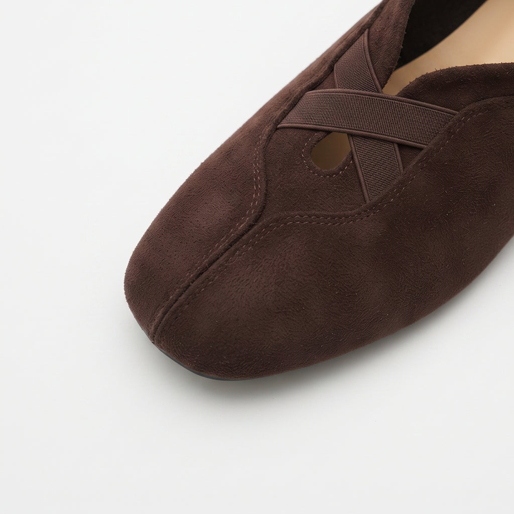 The Dual Stride Dark Brown Suede Cross‑Strap Ballet Flats