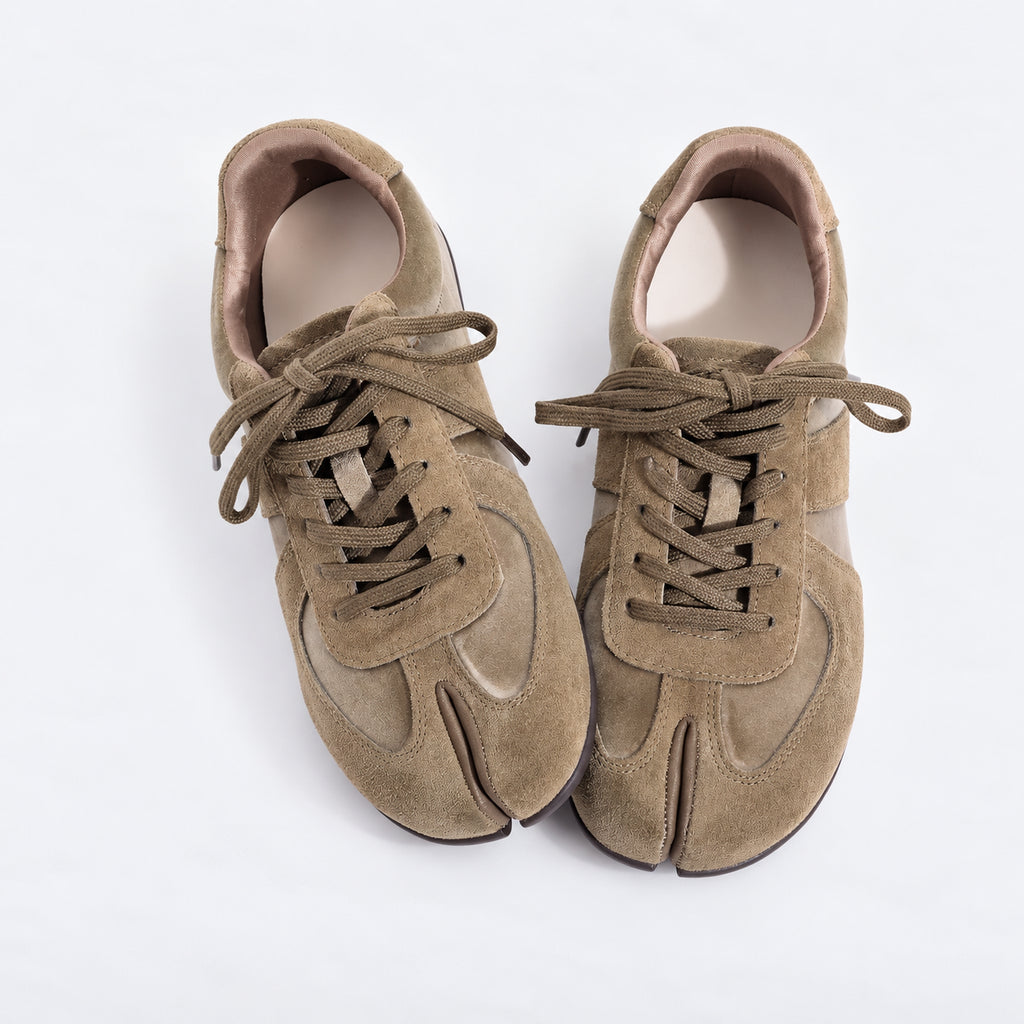 The Dual Stride Olive Green Split-Toe Velvet & Suede Retro Casual Sneakers