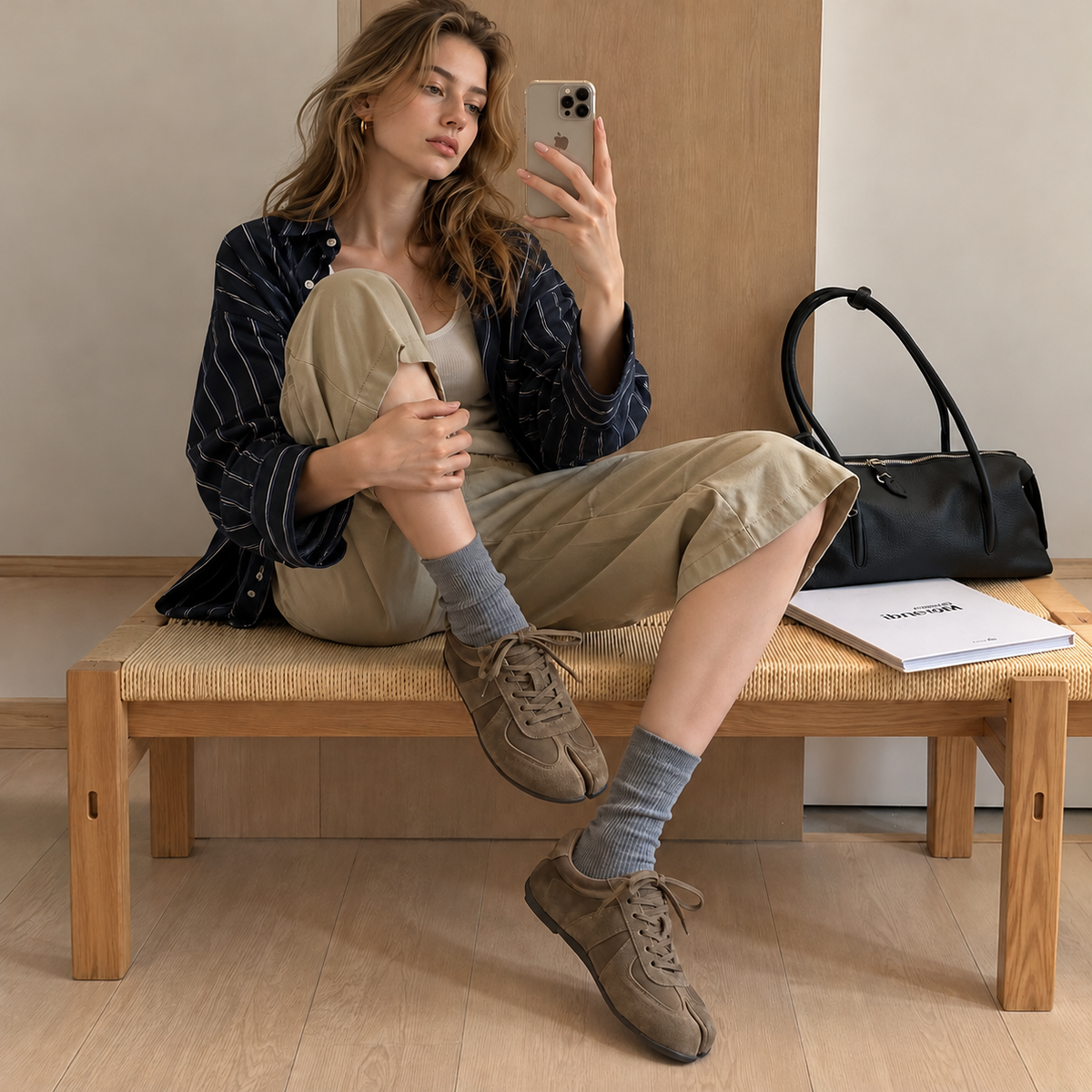 The Dual Stride Olive Green Split-Toe Velvet & Suede Retro Casual Sneakers