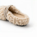 The Dual Stride Beige Curly Faux Fur Rhinestone Mule Slippers