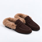 The Dual Stride Women's Dark Brown Suede Faux Fur Loafer Mules – Runs One Size Small