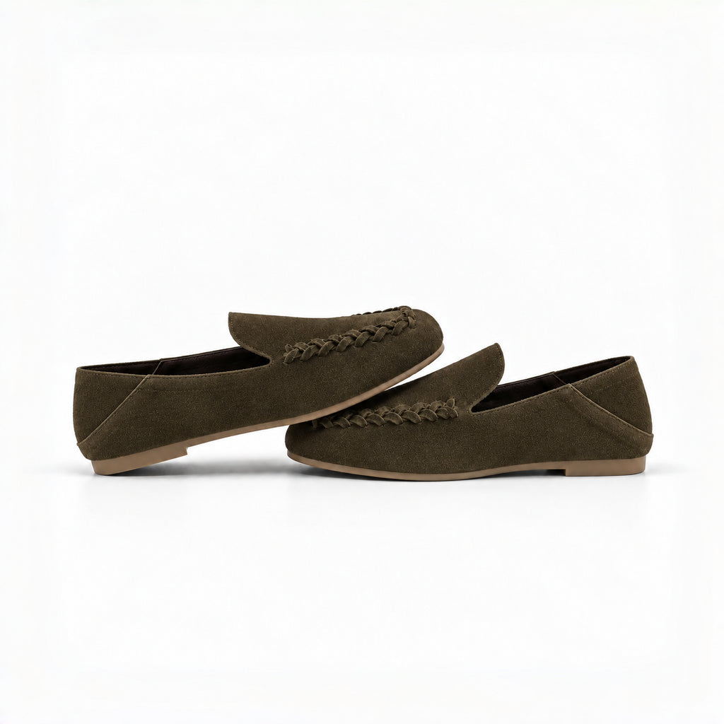 The Dual Stride Olive Brown Braided Suede Loafers