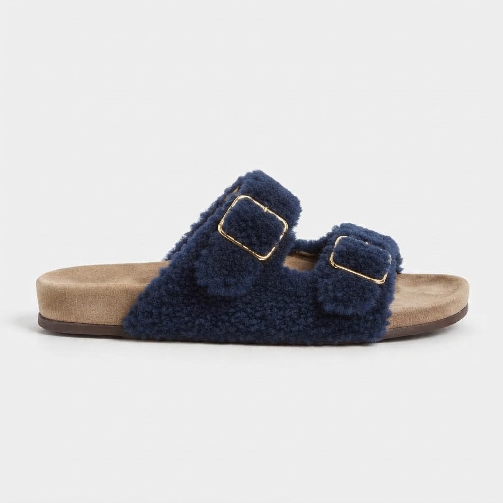 The Dual Stride Navy Curly Faux Fur Double Buckle Slide Sandals