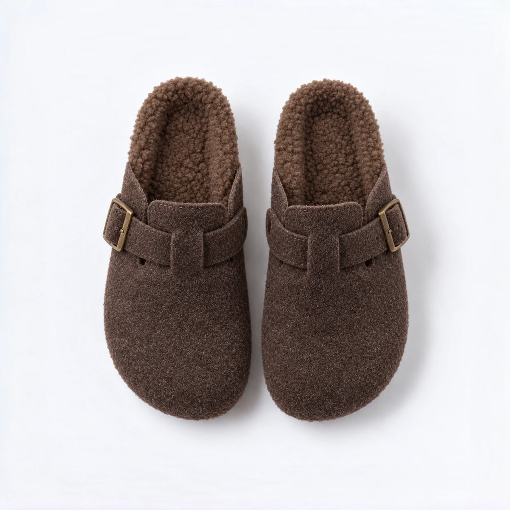 The Dual Stride Cozy Brown Fleece Buckle Mules