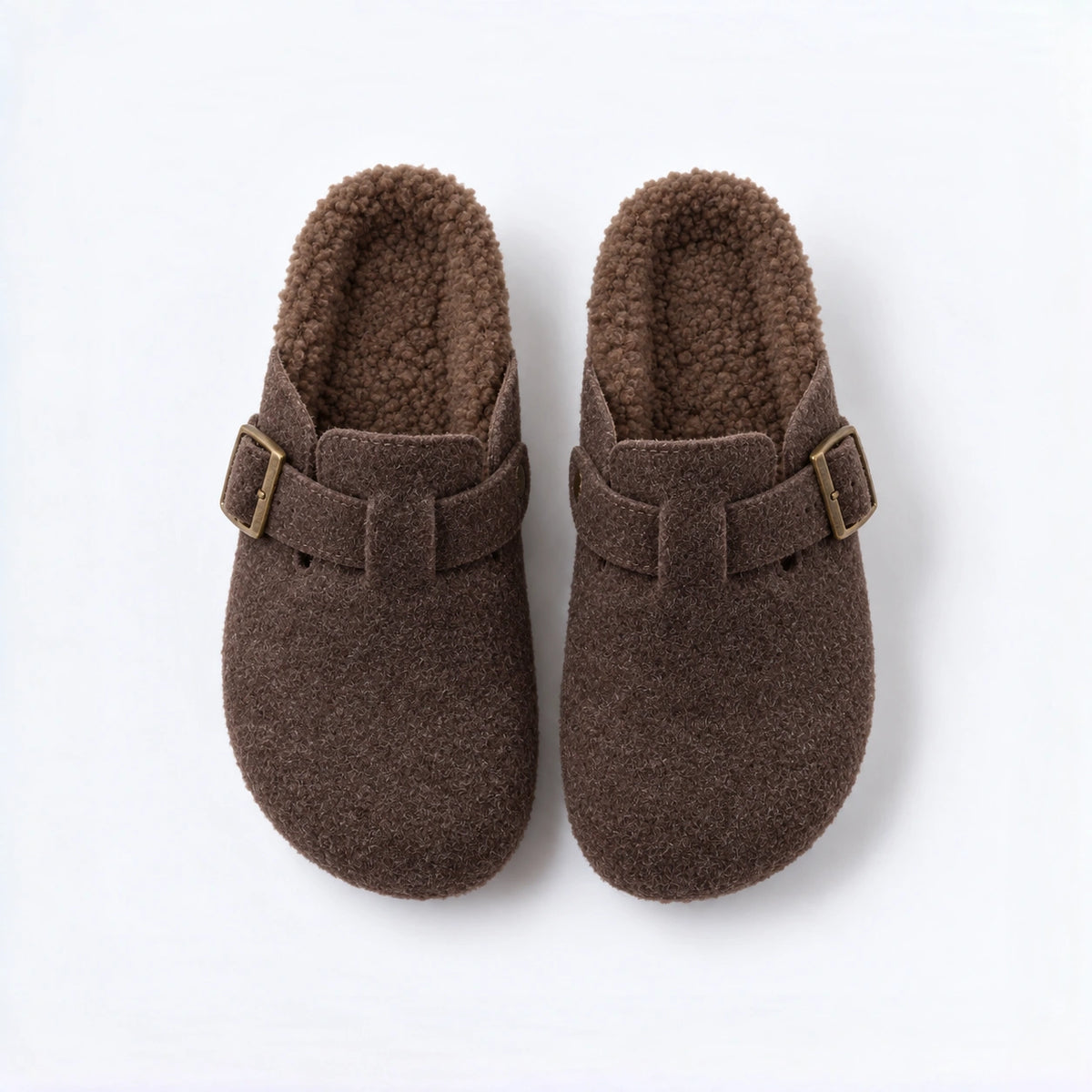 The Dual Stride Cozy Brown Fleece Buckle Mules