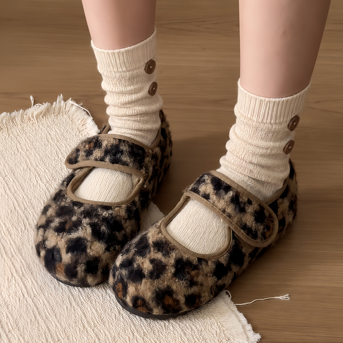 The Dual Stride Women's Leopard Print Fuzzy Mary Jane Flats