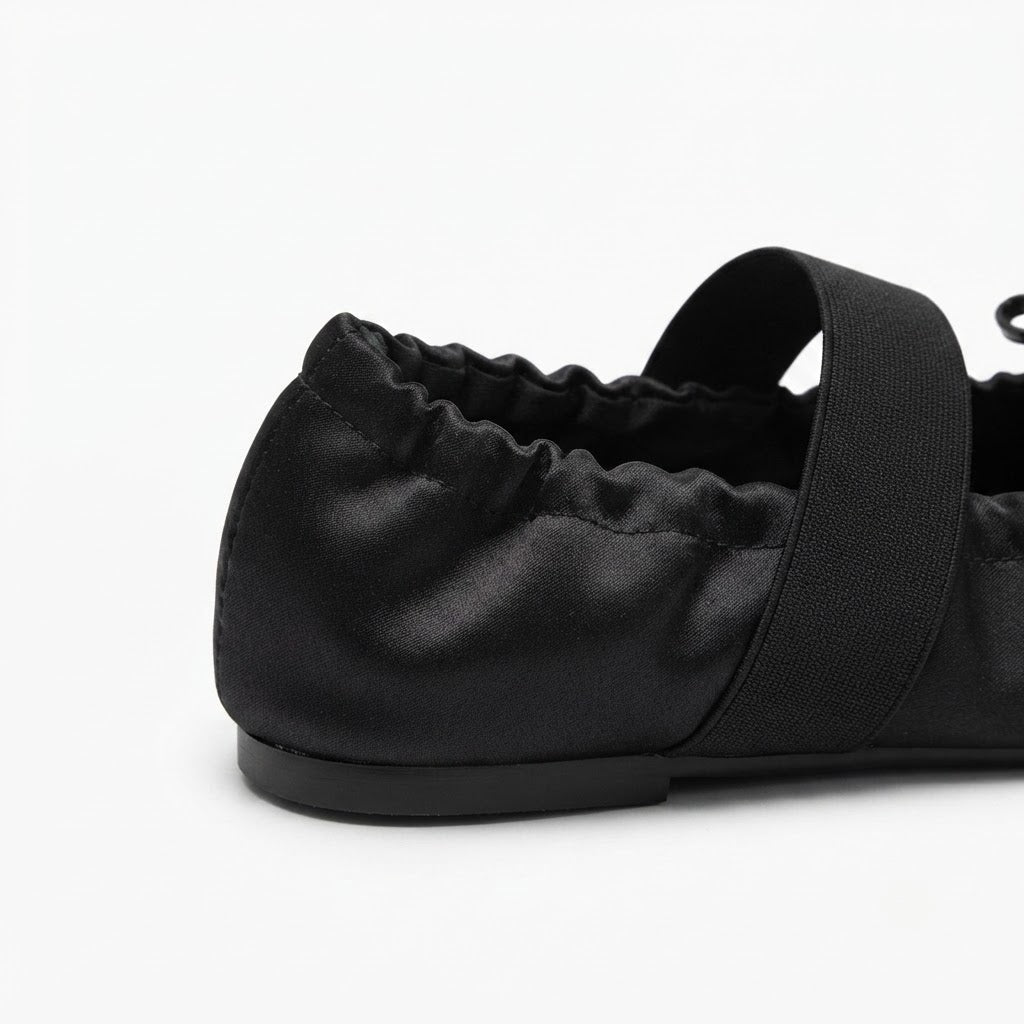 The Dual Stride Black Lace-up Satin Mary-Jane Ballet Flats