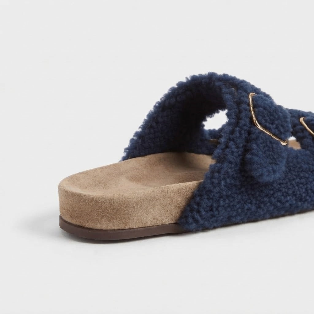 The Dual Stride Navy Curly Faux Fur Double Buckle Slide Sandals