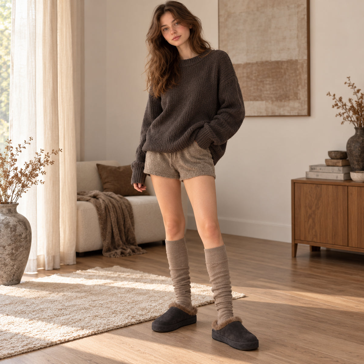 The Dual Stride Women's Grey Suede Fur Lined Mule Slippers