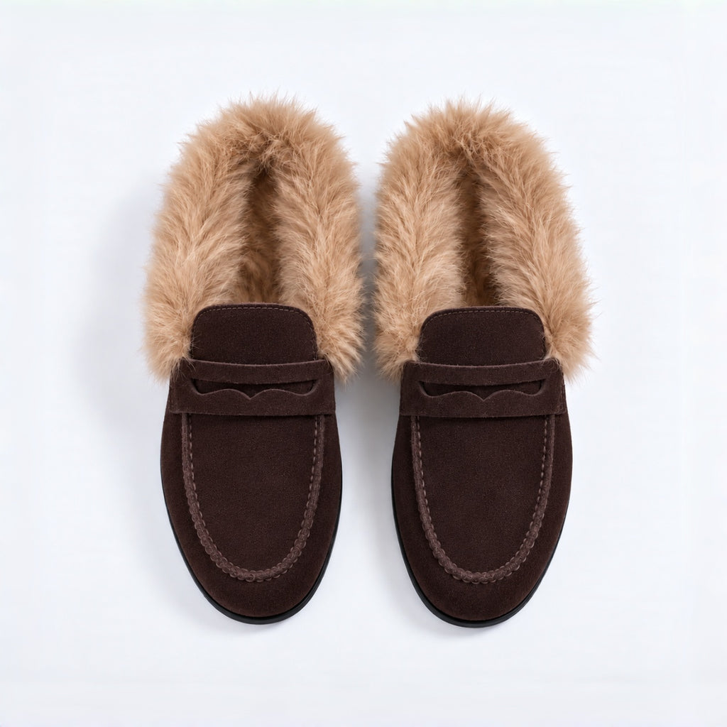 The Dual Stride Women's Dark Brown Suede Faux Fur Loafer Mules – Runs One Size Small