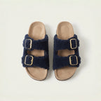 The Dual Stride Navy Curly Faux Fur Double Buckle Slide Sandals
