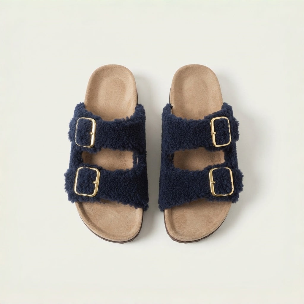 The Dual Stride Navy Curly Faux Fur Double Buckle Slide Sandals