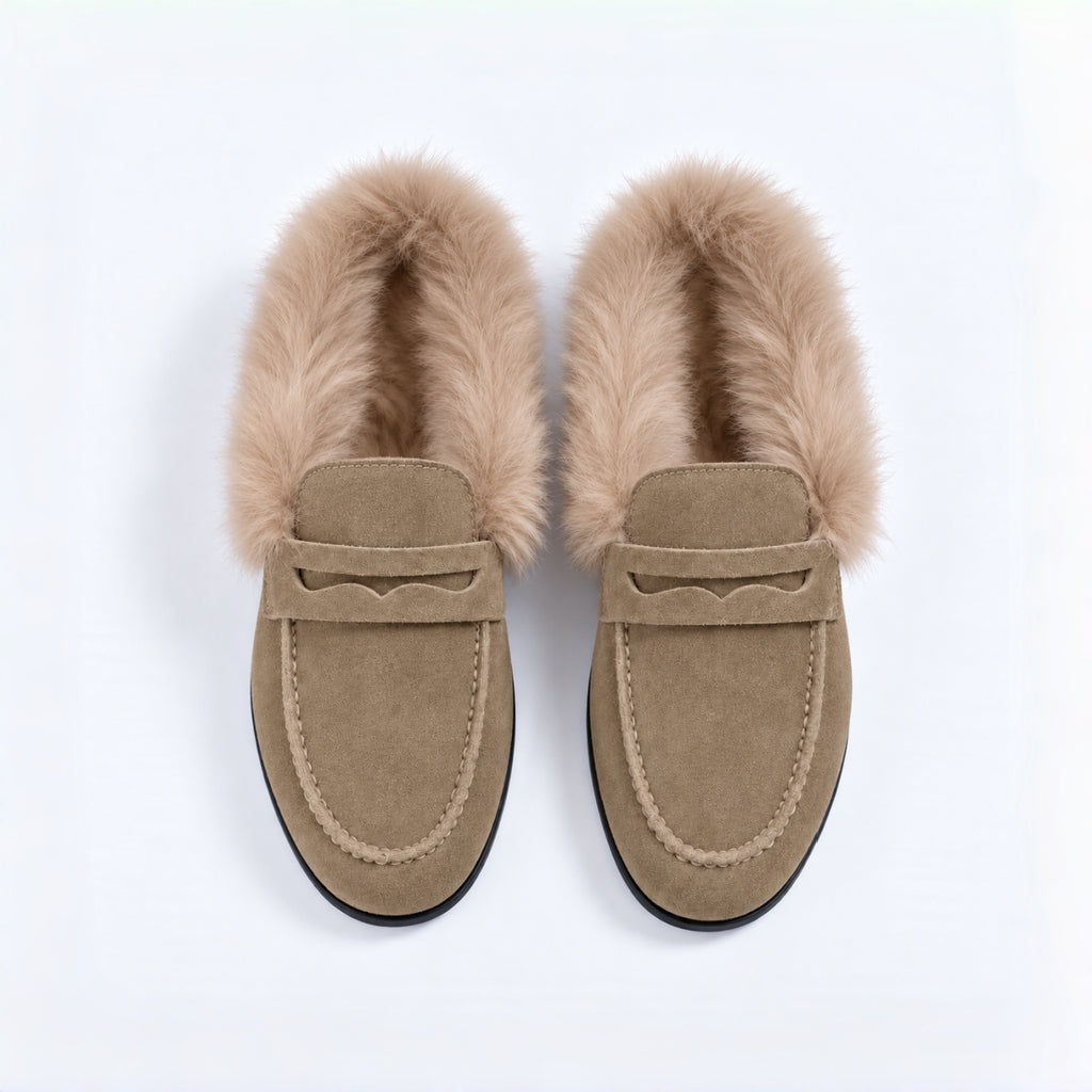 The Dual Stride Women's Khaki Suede Faux Fur Loafer Mules – Runs One Size Small