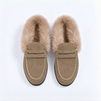 The Dual Stride Women's Khaki Suede Faux Fur Loafer Mules – Runs One Size Small