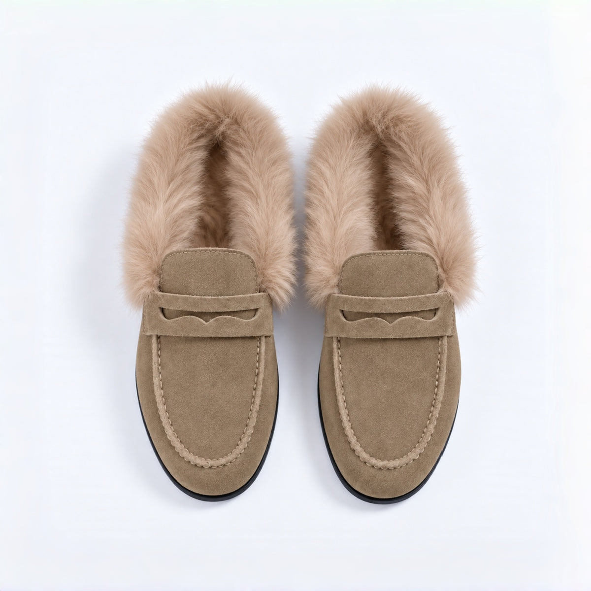 The Dual Stride Women's Khaki Suede Faux Fur Loafer Mules – Runs One Size Small
