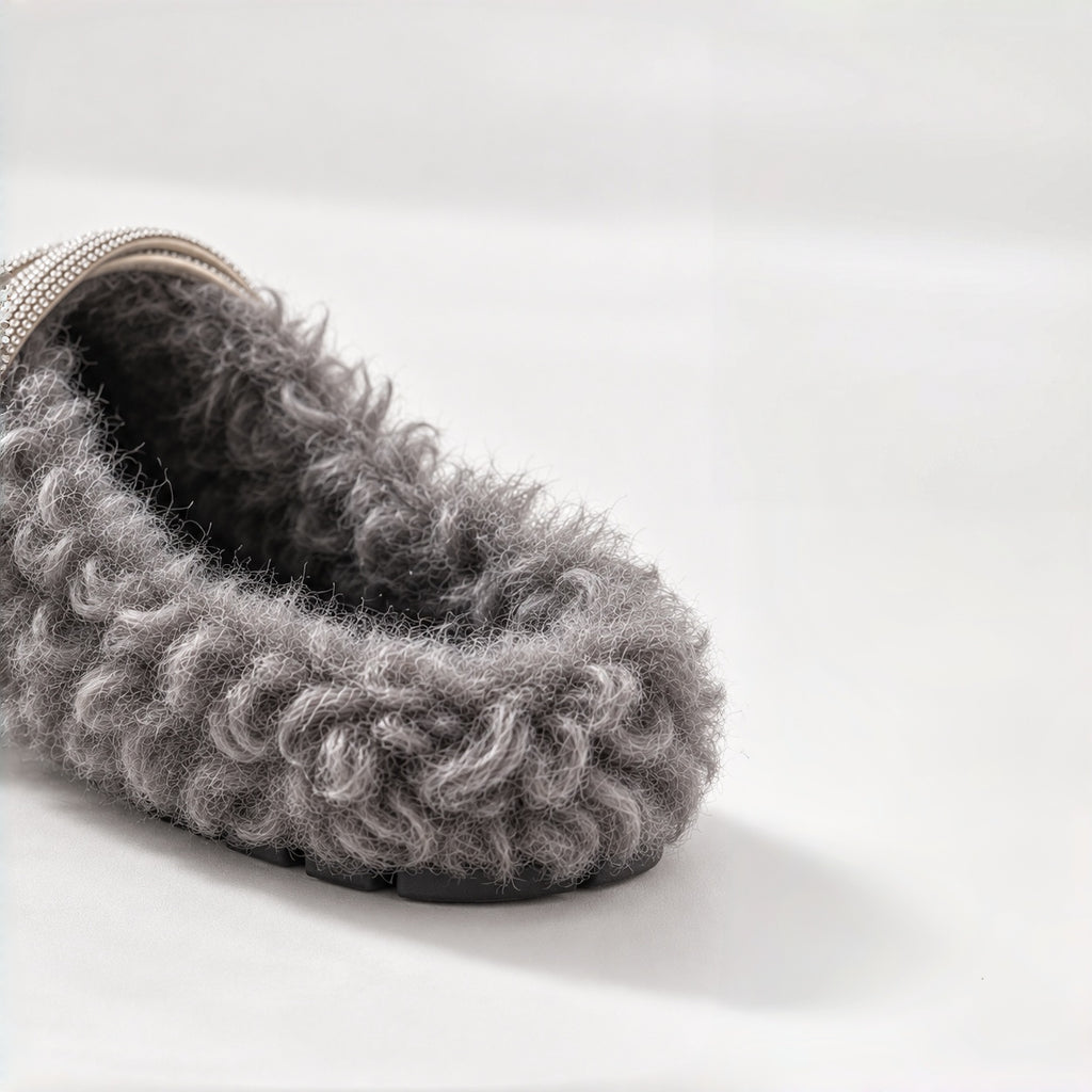 The Dual Stride Gray Curly Faux Fur Rhinestone Mule Slippers