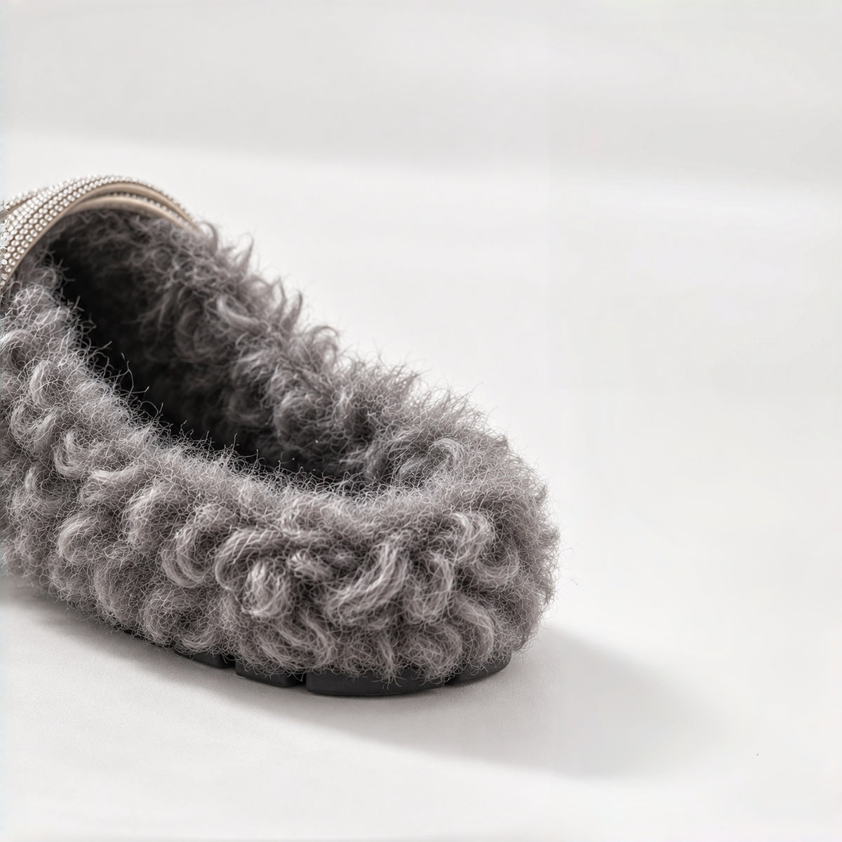 The Dual Stride Gray Curly Faux Fur Rhinestone Mule Slippers