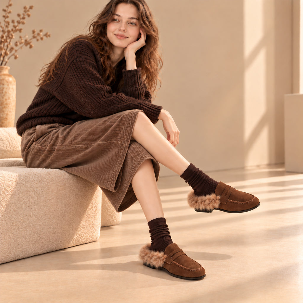 The Dual Stride Women's Brown Suede Faux Fur Loafer Mules – Runs One Size Small