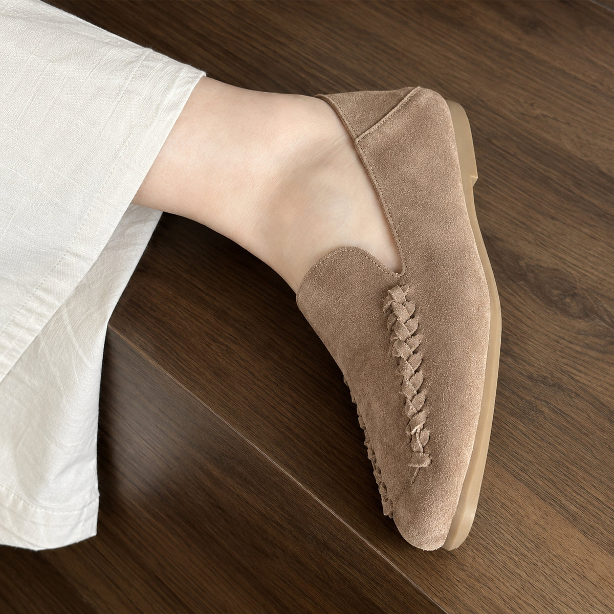 The Dual Stride Beige Braided Suede Loafers