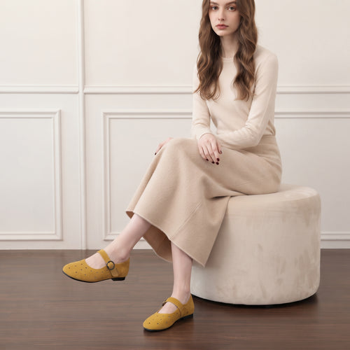 The Dual Stride  Women's Yellow Perforated Suede Mary Jane Flats