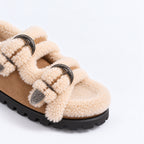 The Dual Stride Women's Brown Cozy Fleece Double Buckle Slides