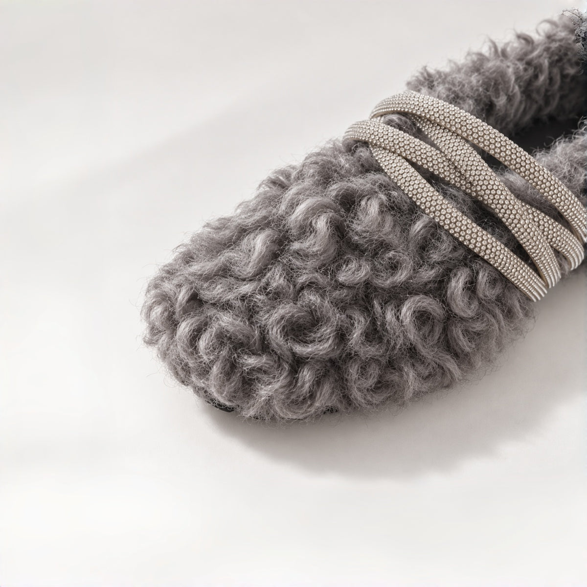The Dual Stride Gray Curly Faux Fur Rhinestone Mule Slippers