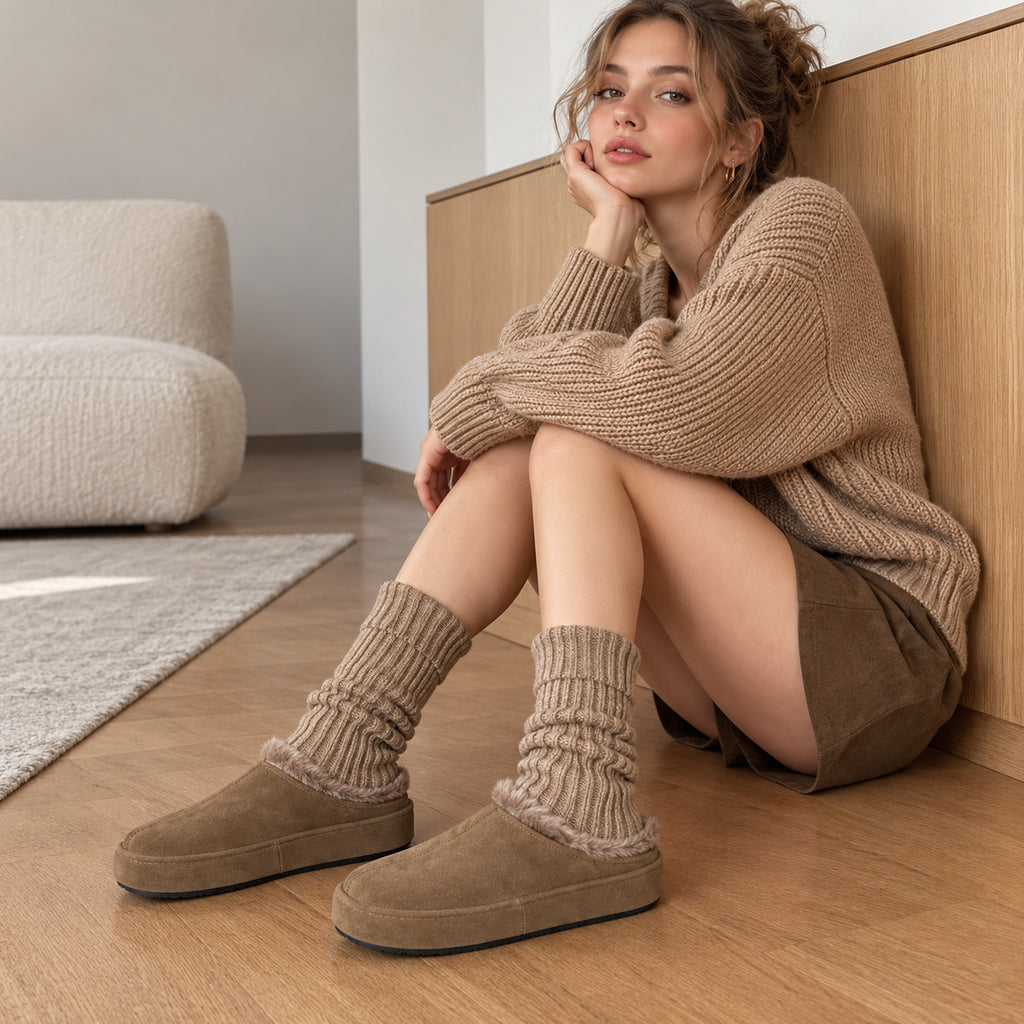 The Dual Stride Women's Brown Suede Fur Lined Mule Slippers
