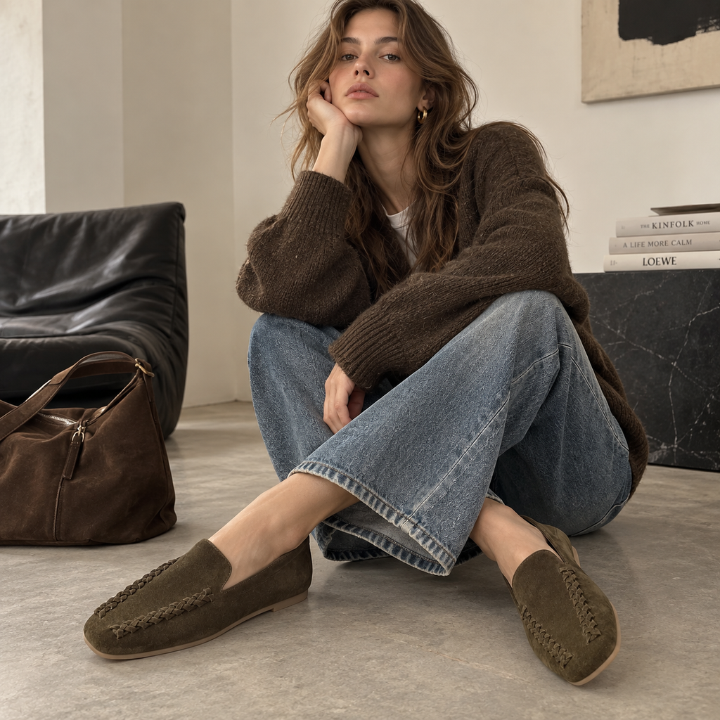 The Dual Stride Olive Brown Braided Suede Loafers