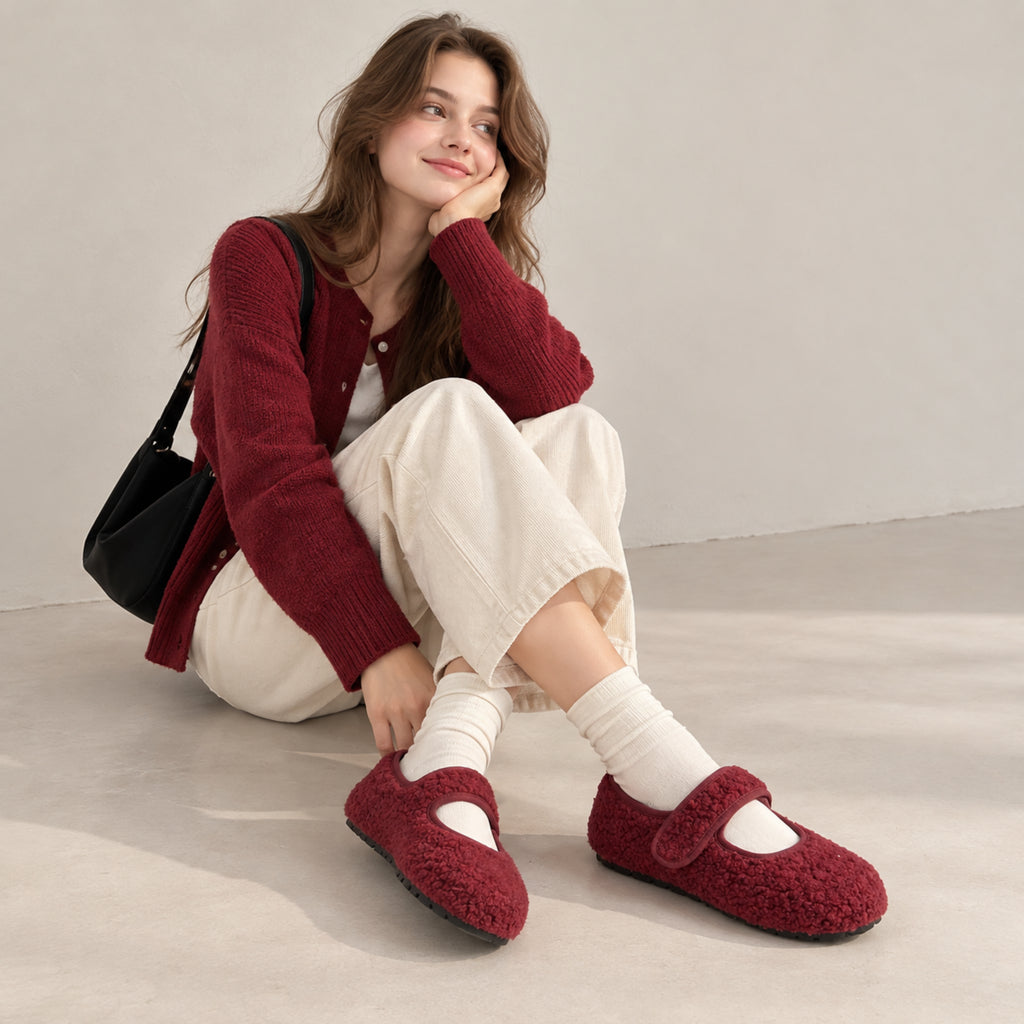 The Dual Stride  Red Cozy Fleece Mary Jane Flats