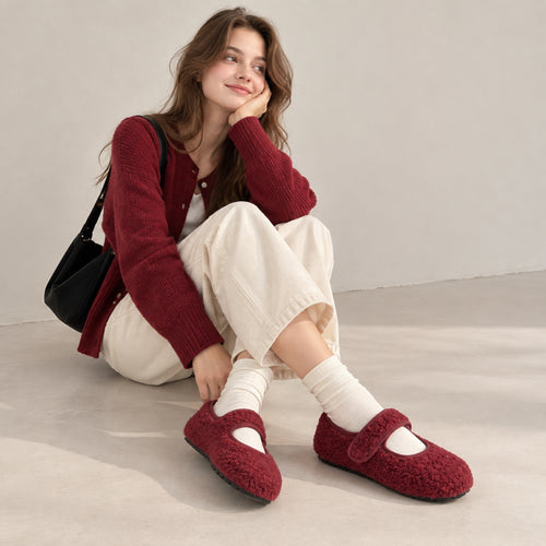 The Dual Stride  Red Cozy Fleece Mary Jane Flats
