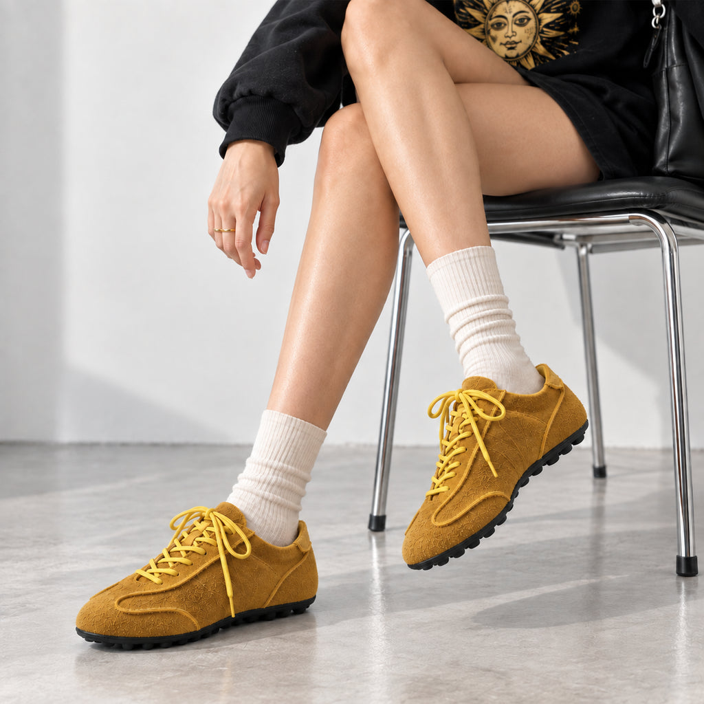 The Dual Stride Yellow Suede Retro Sneakers
