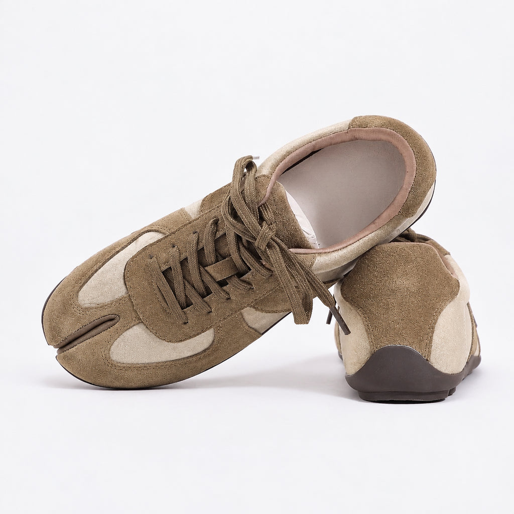 The Dual Stride Olive Green Split-Toe Velvet & Suede Retro Casual Sneakers