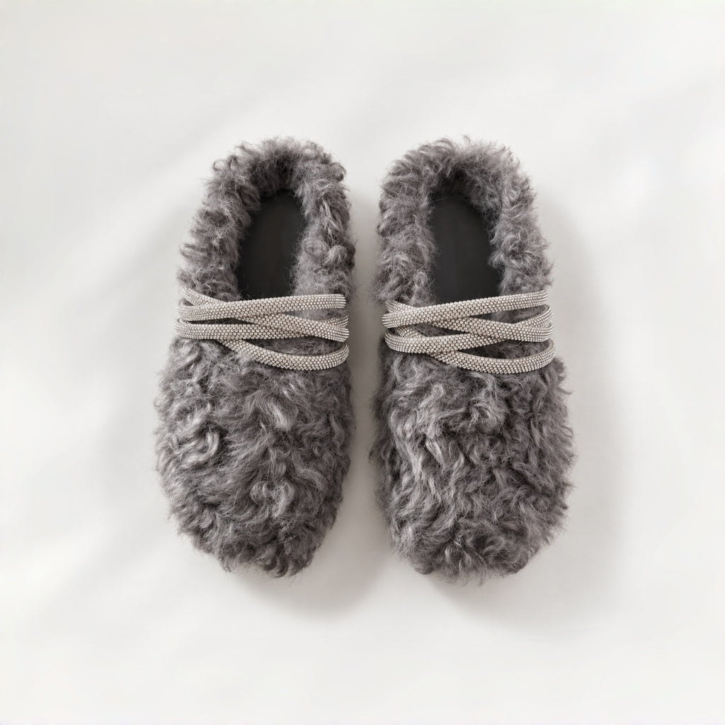 The Dual Stride Gray Curly Faux Fur Rhinestone Mule Slippers