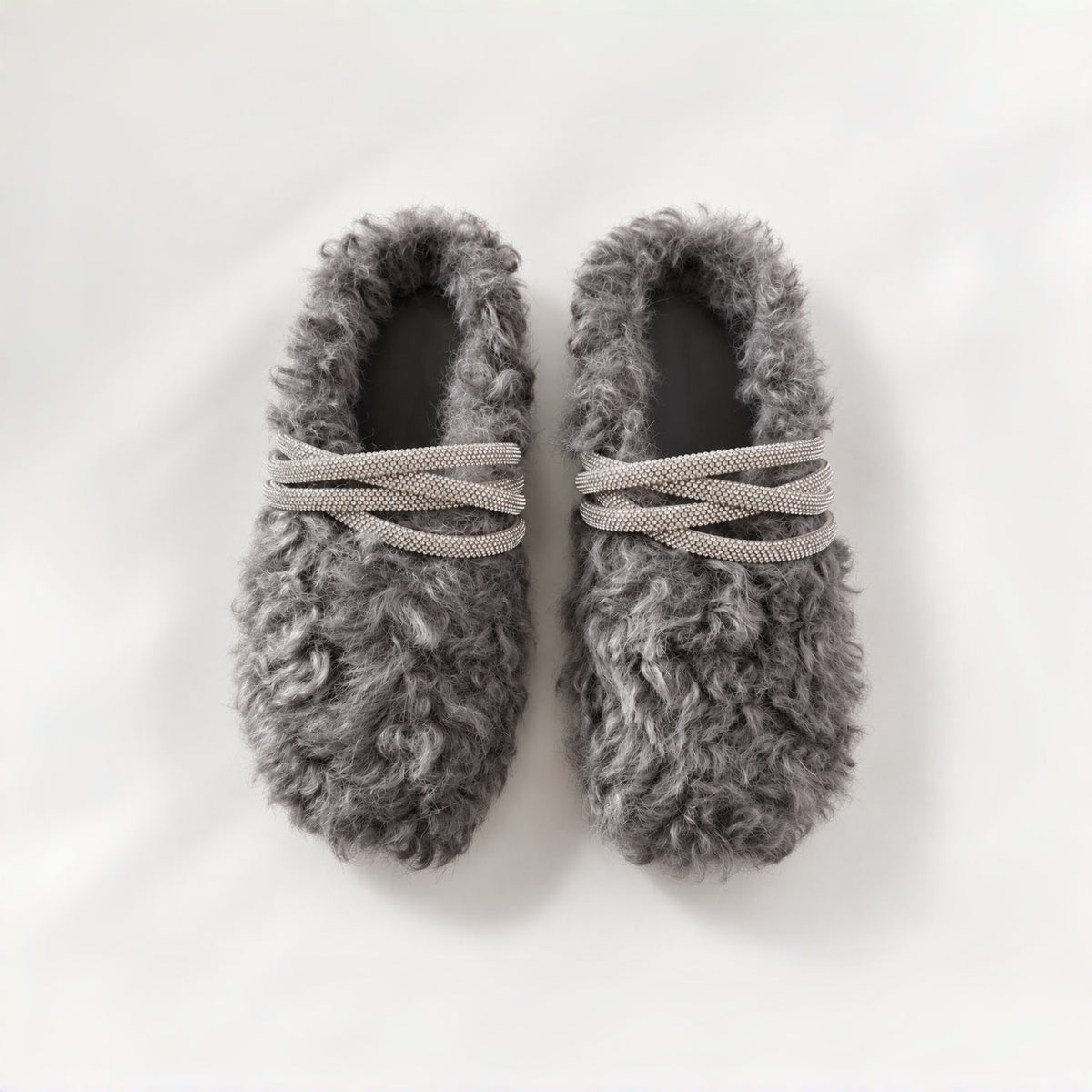 The Dual Stride Gray Curly Faux Fur Rhinestone Mule Slippers