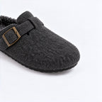 The Dual Stride Cozy Gray Fleece Buckle Mules