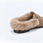 The Dual Stride Women's Khaki Suede Faux Fur Loafer Mules – Runs One Size Small