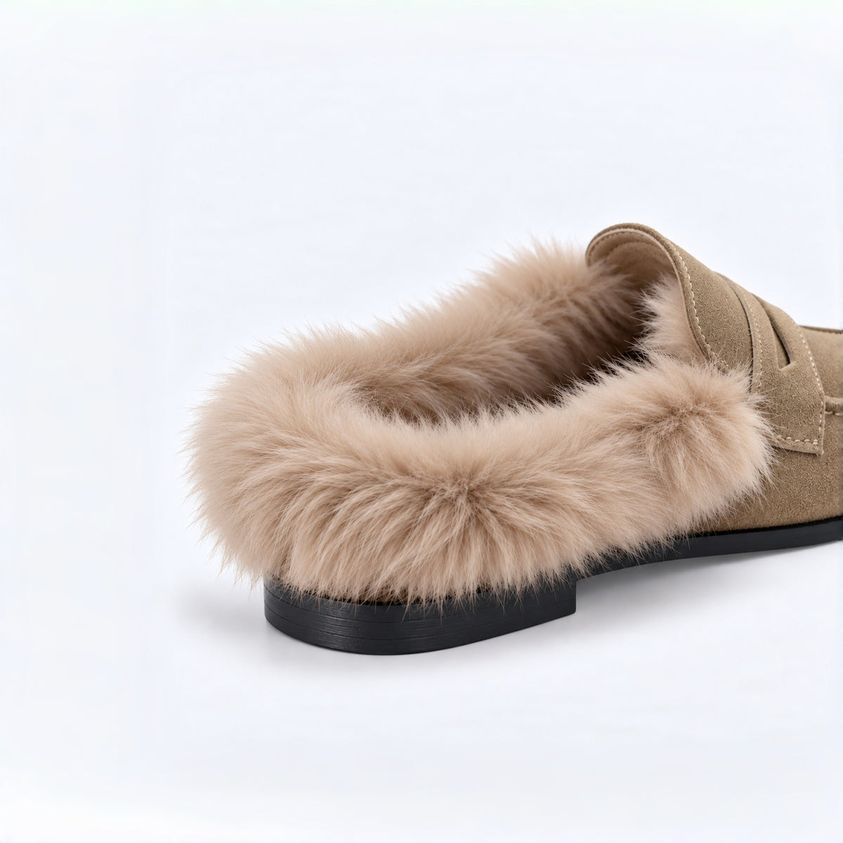 The Dual Stride Women's Khaki Suede Faux Fur Loafer Mules – Runs One Size Small
