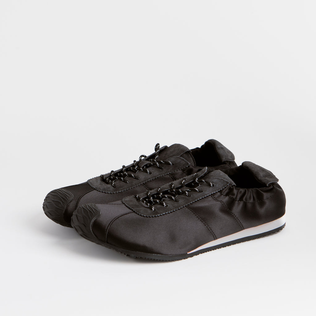 The Dual Stride Black Square-Toe  Satin Sneakers