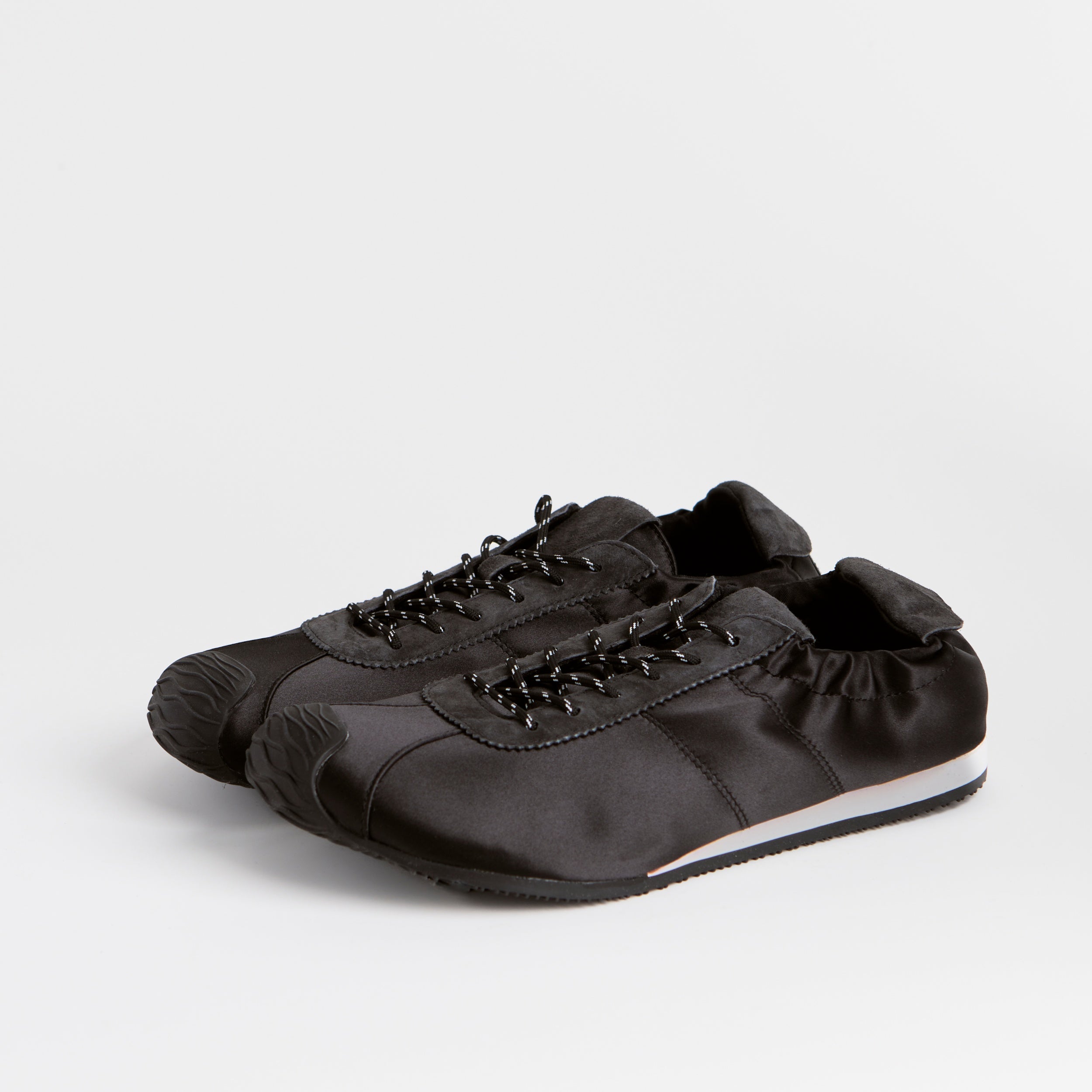 The Dual Stride Black Square-Toe  Satin Sneakers