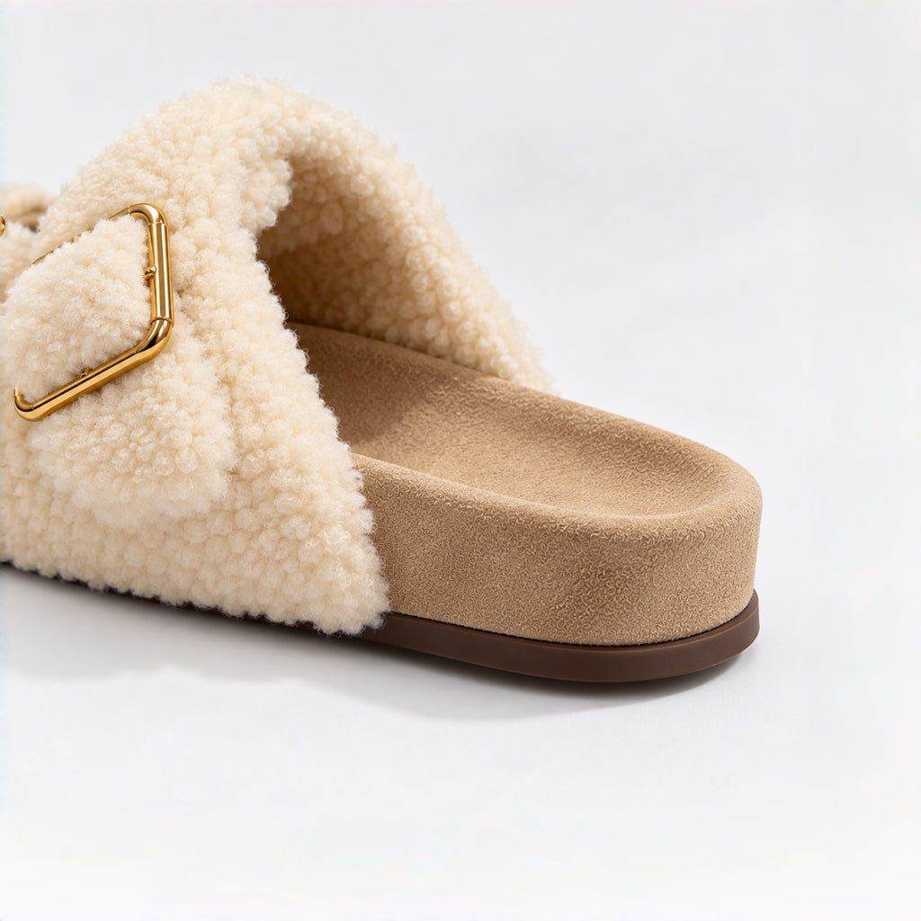 The Dual Stride Ivory Curly Faux Fur Double Buckle Slide Sandals