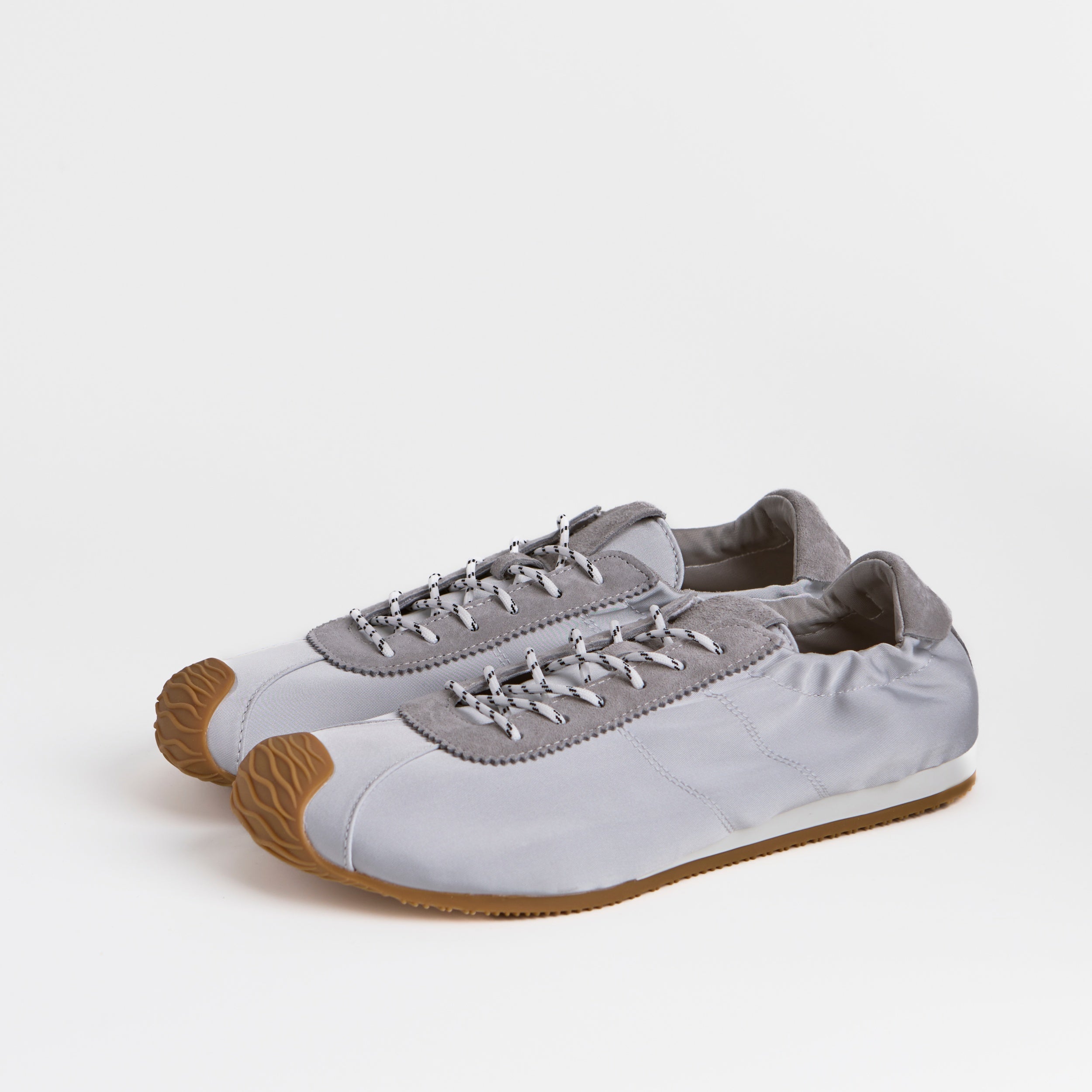 The Dual Stride Gray Square-Toe  Satin Trainer