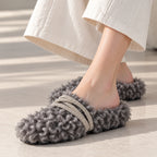 The Dual Stride Gray Curly Faux Fur Rhinestone Mule Slippers