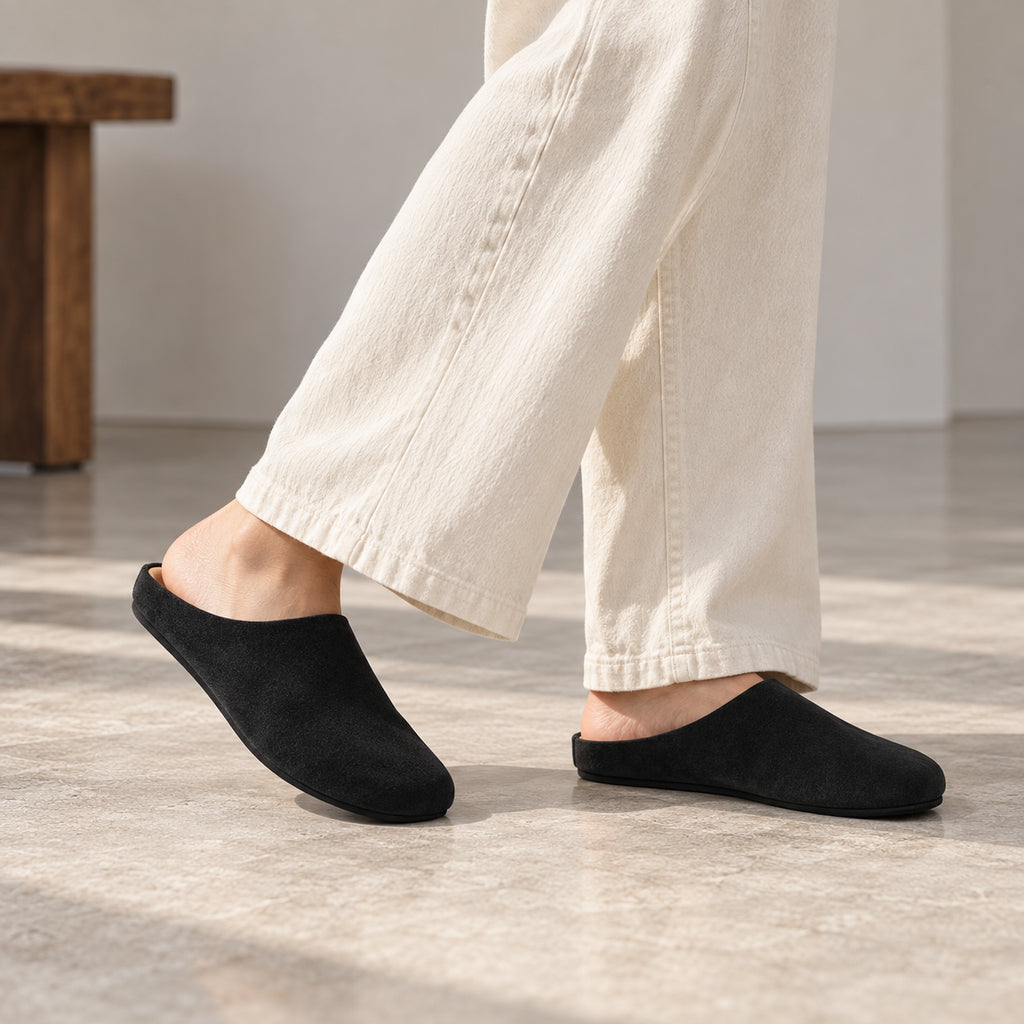 The Dual Stride Black Suede Slip-On Mules