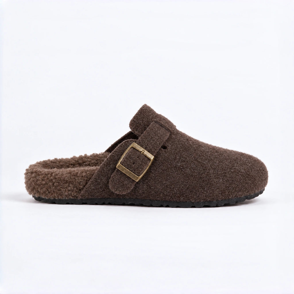 The Dual Stride Cozy Brown Fleece Buckle Mules