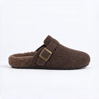 The Dual Stride Cozy Brown Fleece Buckle Mules